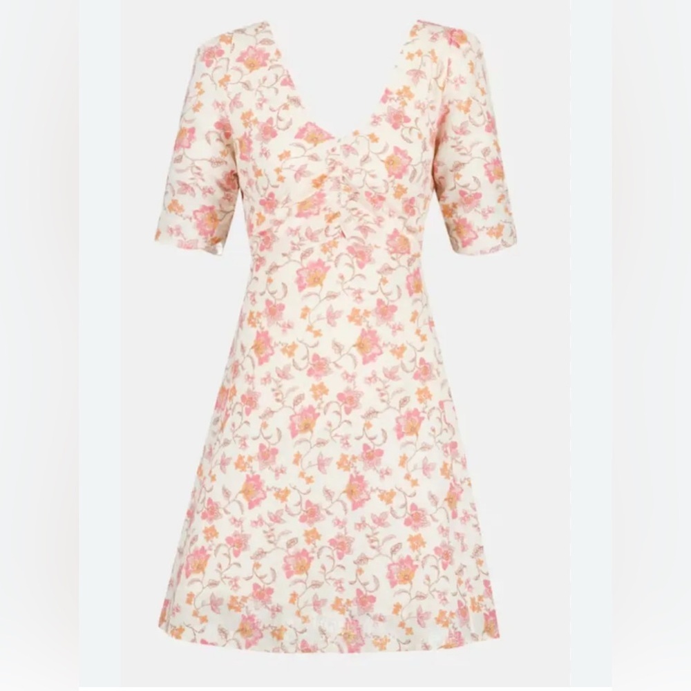 Tintoretto Linen Floral Dress White Pink Orange Short Sleeve V-Neck Size M